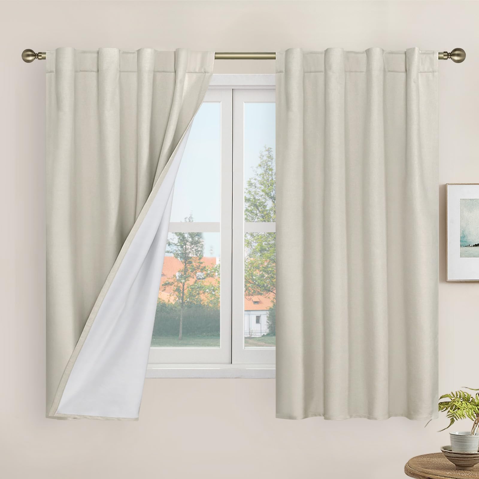 LAMIT 100% Blackout Linen Curtains for Bedroom, 45 Inches Linen Textured Thermal Window Drapes Back Tab and Rod Pocket Panels wi
