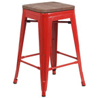 Flash Furniture Lily 24" High Backless Red Metal Counter Height Stool with Square Wood Seat