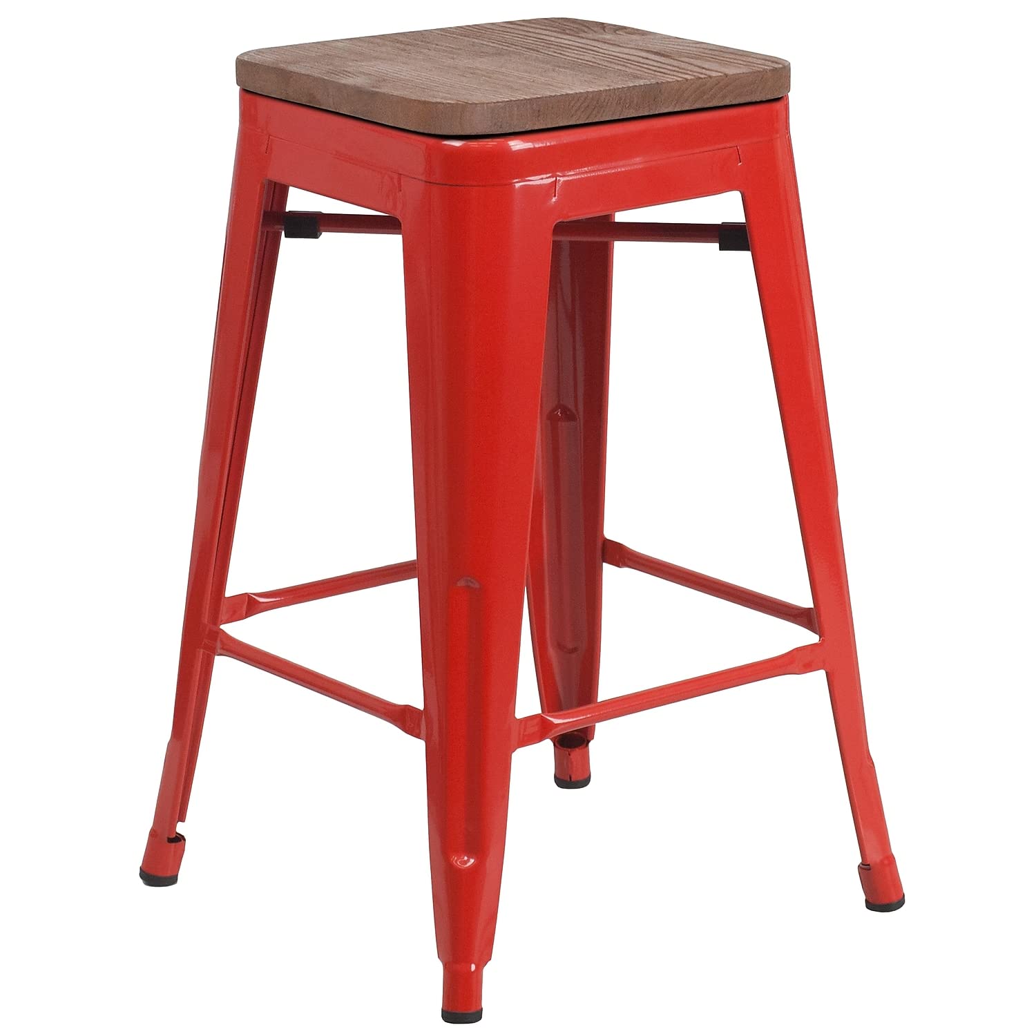 Flash Furniture Lily 24" High Backless Red Metal Counter Height Stool with Square Wood Seat