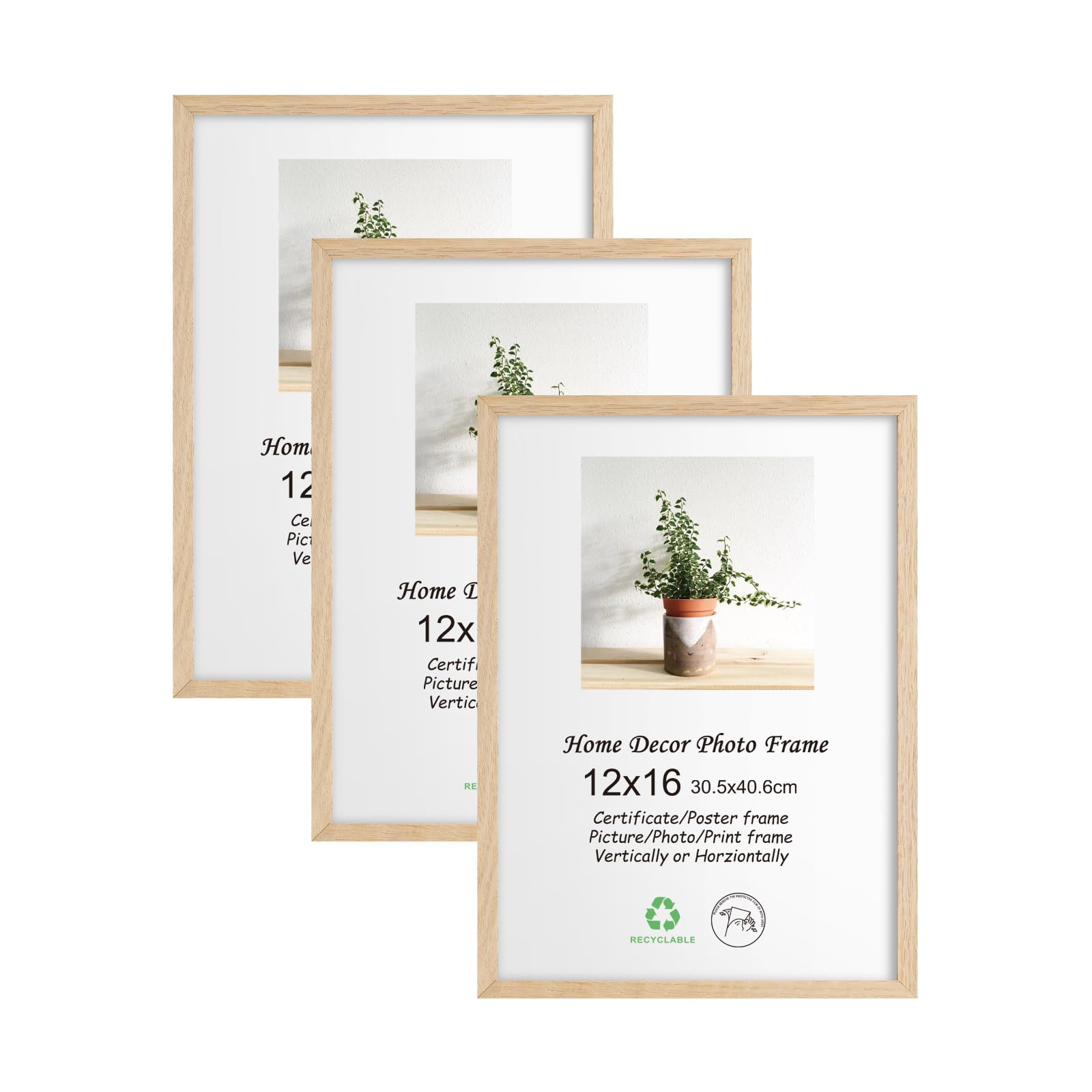 LYYYXGYP 12x16 Oak Wood Picture Frame 3 Pack Wooden Photo Frame Natural Solid Wood Color Frame Gallery Poster Frame with Plexigl