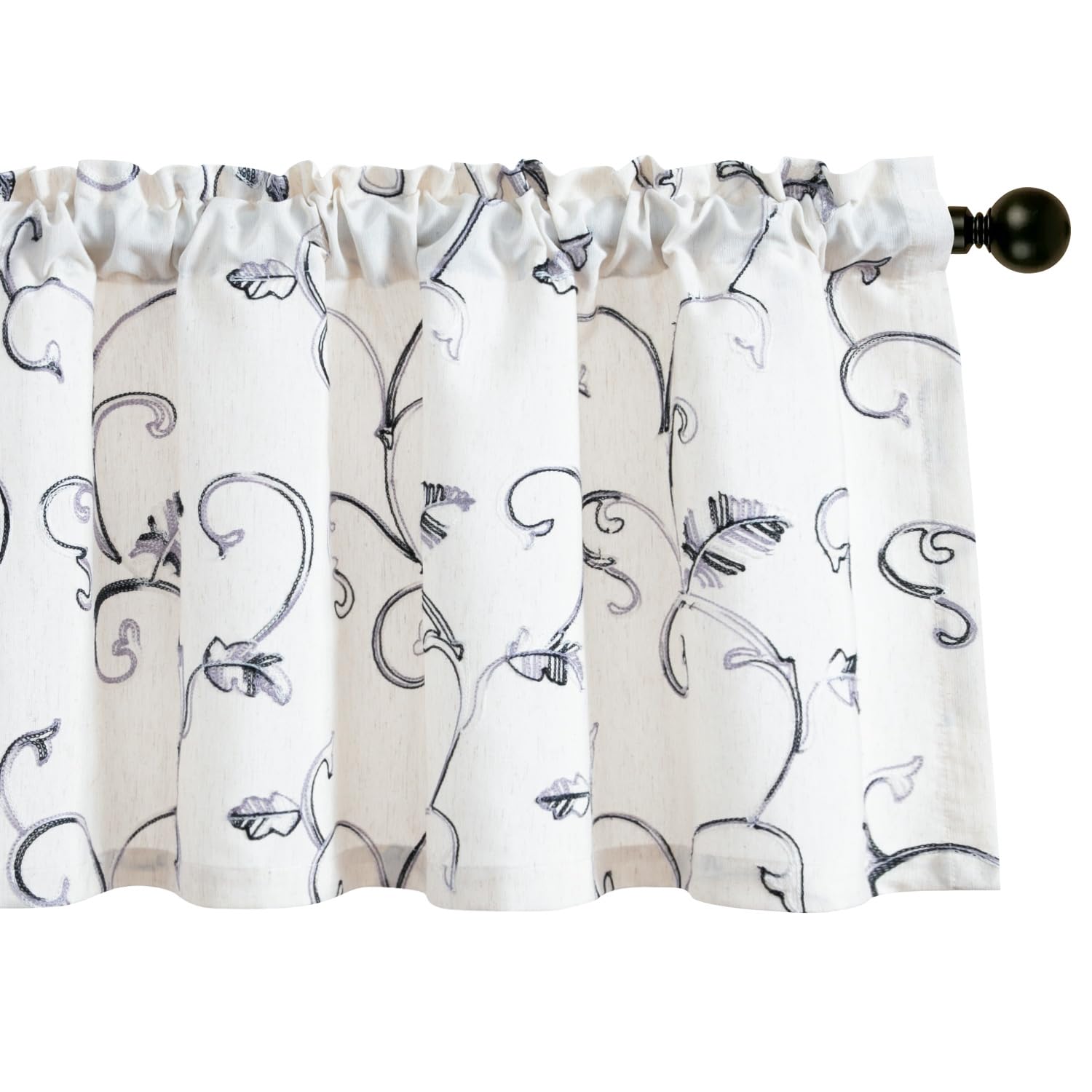 Vogol Linen Textured Valances For Kitchen Window, Grey Leaves Pattern Short Drape For Living Room, 1 Panel Rod Pocket Light Filt