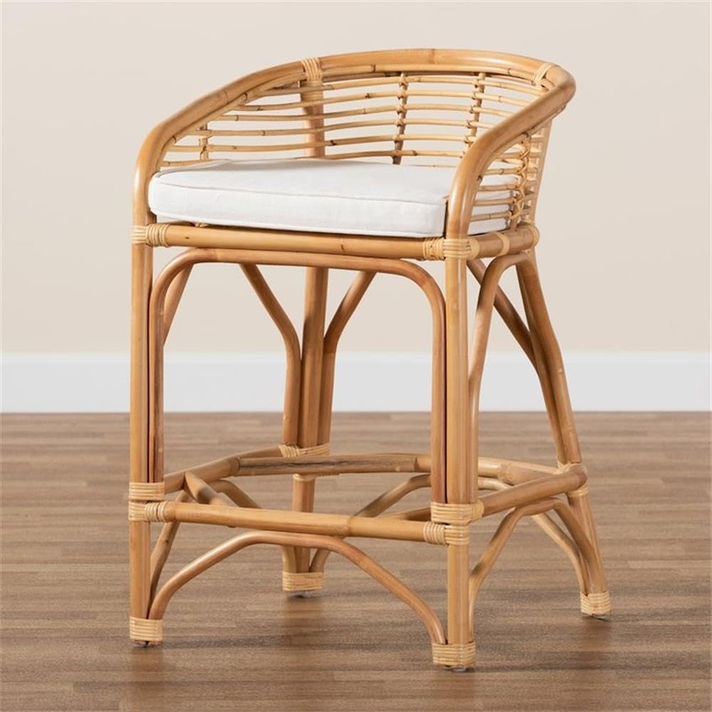 Baxton Studio Maverick Modern Bohemian White Fabric Upholstered and Natural Brown Rattan Counter Stool