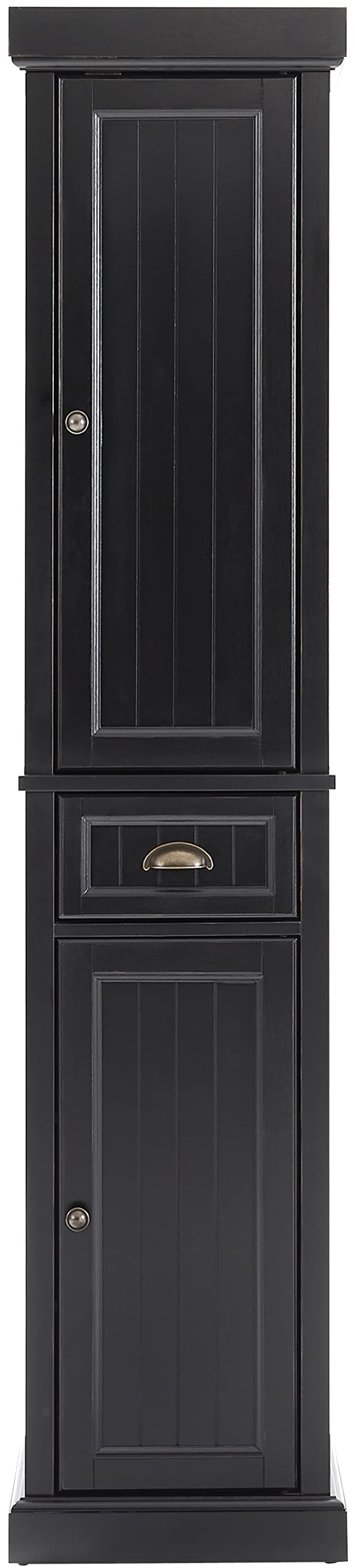 Crosley Furniture Seaside Tall Linen Storage Cabinet and Bathroom Organizer with a Drawer and Shelves, Distressed Black