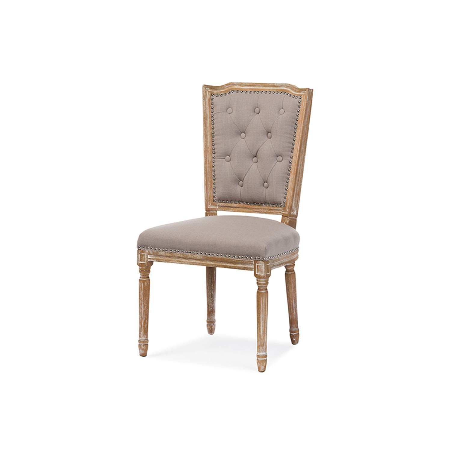Baxton Studio Estelle Shabby Chic Rustic French Country Cottage Weathered Oak Linen Button Tufted Upholstered Dining Chair, Medium, Beige