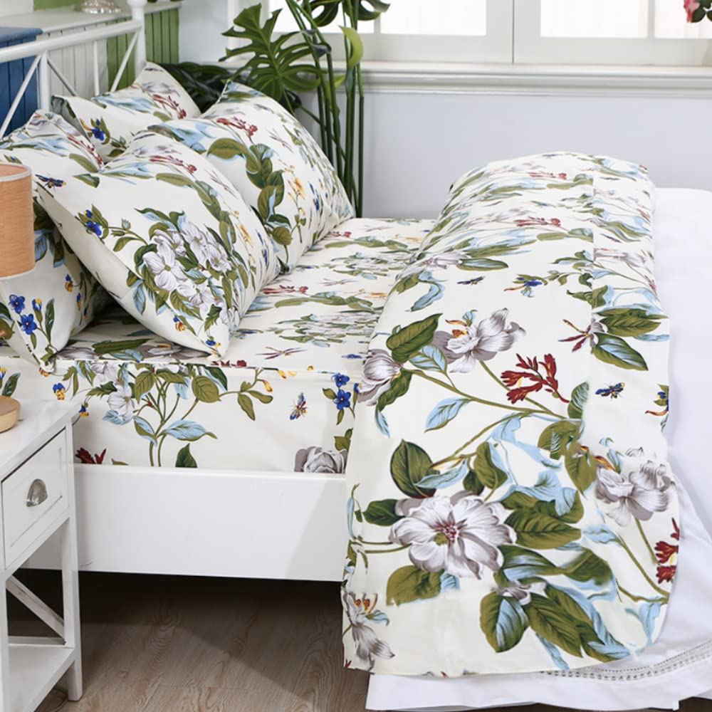 Fadfay Shabby Floral Sheets King 100% Cotton 600 Tc White Flower And Green Leaves Bedding Vintage Garden Botanical Print Country