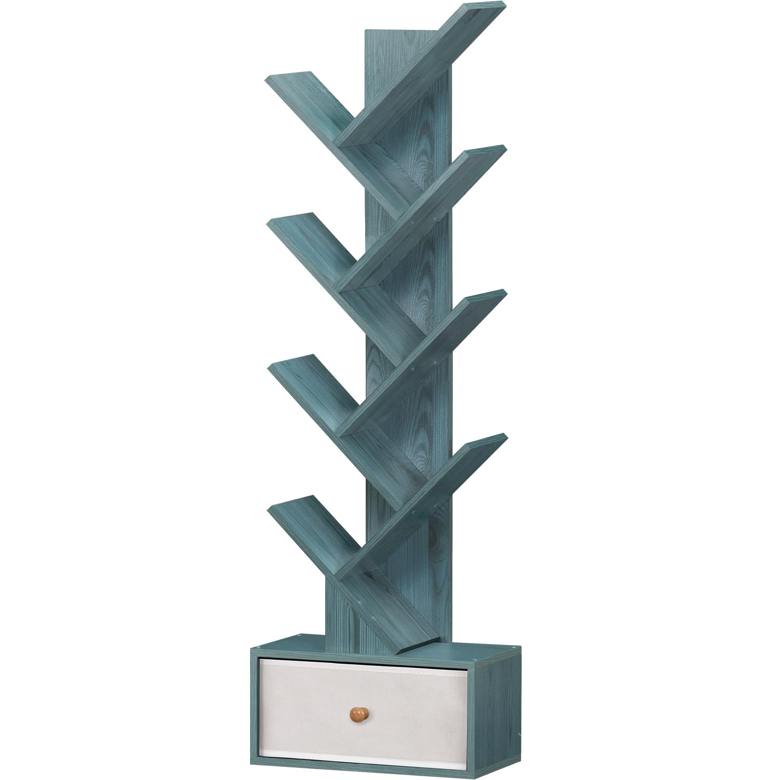 Sheepam 8 Tier Tree Bookshelf With Drawer, Free Standing Wood Bookcase For Narrow Space, Storage Organizer Bookshelves For Books, Book Case For Home Office, Living Room, Bedroom, Navy Blue