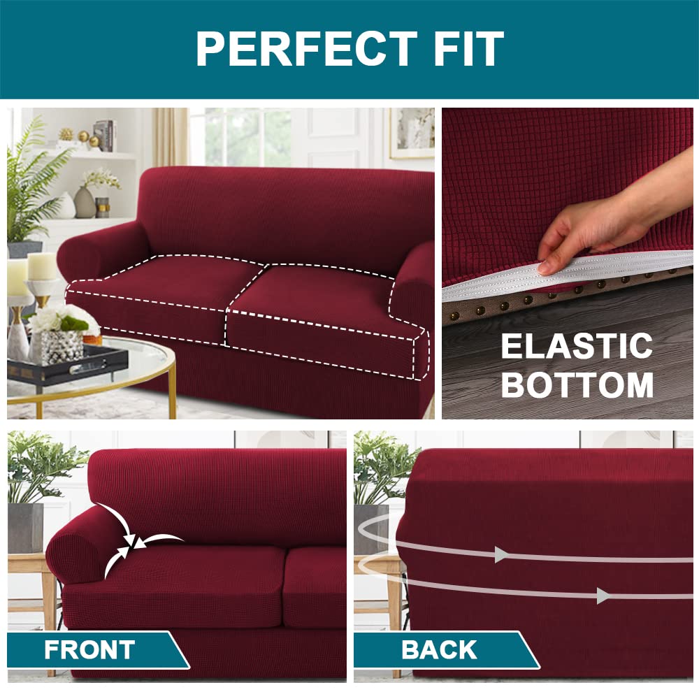 Turquoize 3 Piece T Cushion Sofa Slipcovers Sofa Cover For T Cushion Sofa Couches Stretch Couch Cover Furniture Covers With 2 Individual T Cushion Covers, Machine Washable (2 Cushion Sofa, Burgundy)