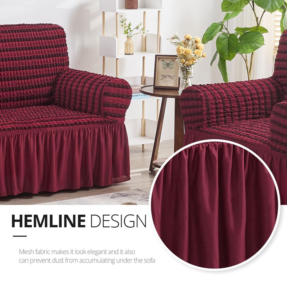 Niceec Armchair Slipcover Red Armchair Covers 1 Piece Easy Fitted Sofa Couch Cover Universal High Stretchable Durable Furniture Protector With Skirt Country Style (1 Seater Double Red)