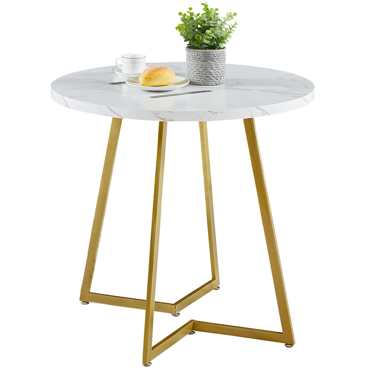 Vecelo Round Dining Room Table With Wood Grain Tabletop And Steel Frame, For Kitchen, Living Room, Office, Conference, 2 To 4 Pe