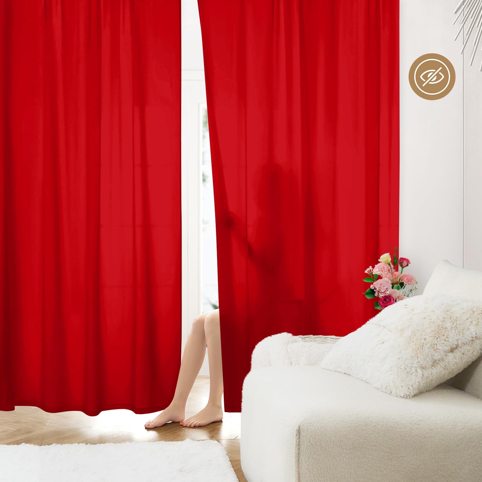 Homeideas Non-See-Through Red Privacy Sheer Curtains 52 X 54 Inches Long 2 Panels Sheer Curtains Light Filtering Window Curtains Drapes For Bedroom Living Room