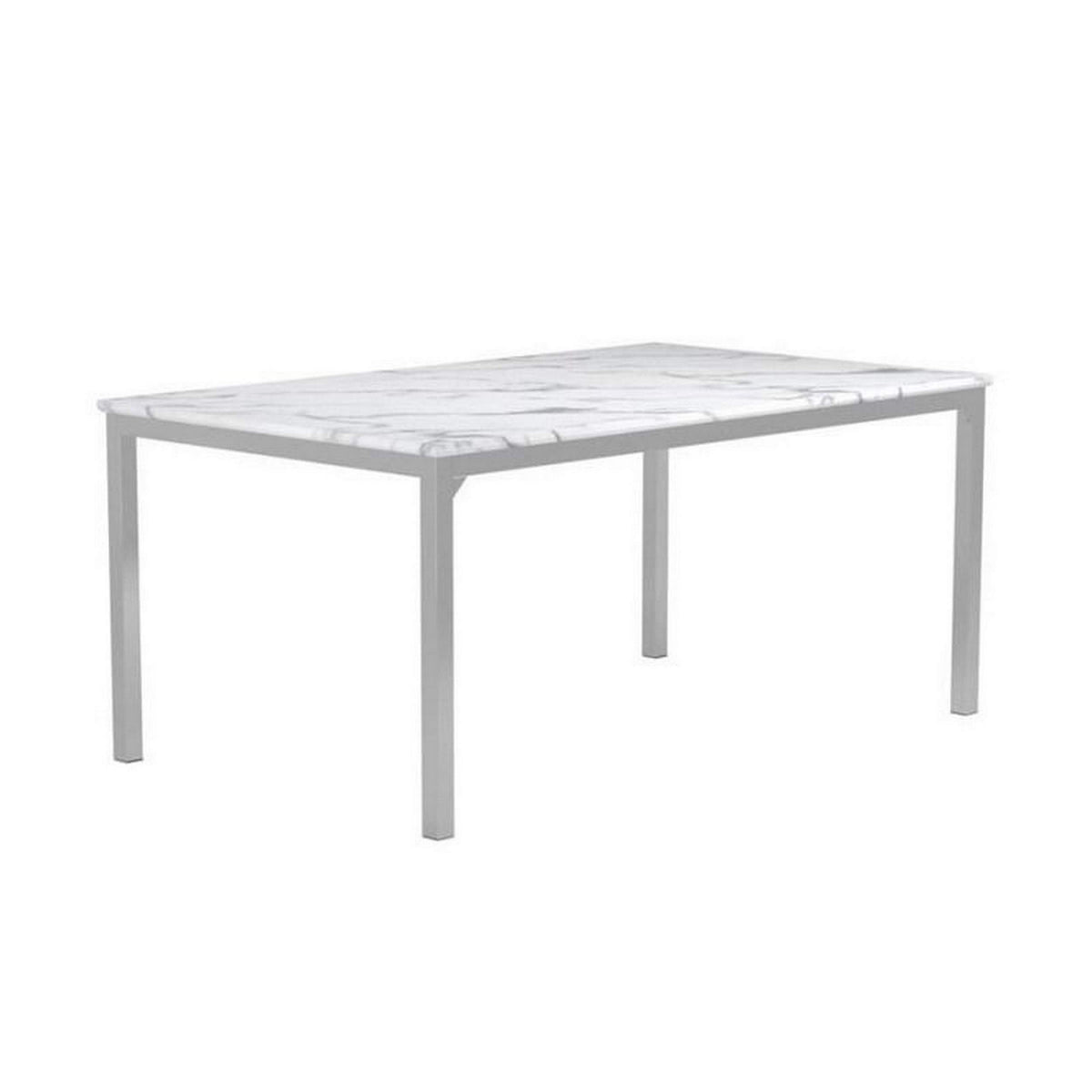 Benjara Faux Marble Dining Table With Straight Metal Legs, White And Gray