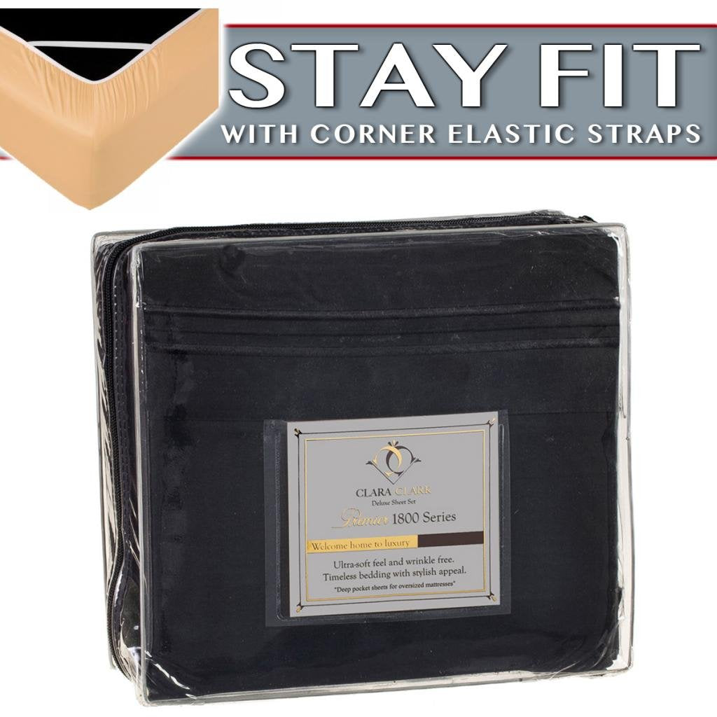 Clara Clark 1800 Series Bed Sheet Sets - Stay Fit On Mattress With Elastic Straps At Corners - Cal King Size, Black