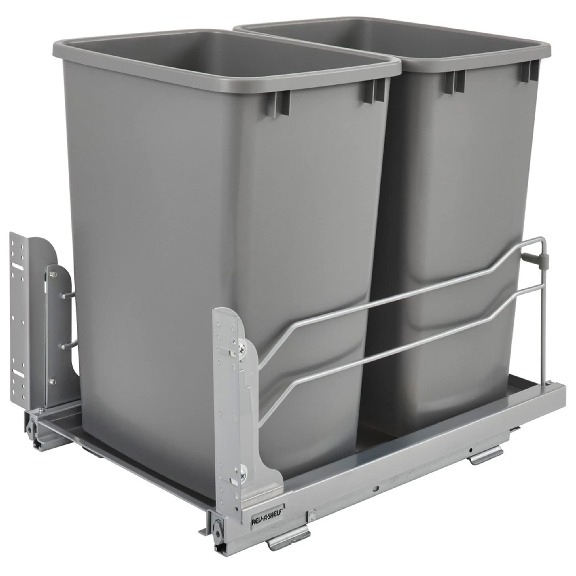 Rev-A-Shelf Double Pull-Out Trash Can for Under Kitchen Cabinets 35 Quart 8.75 Gallon with Soft-Close Slides, Metallic Silver, 5