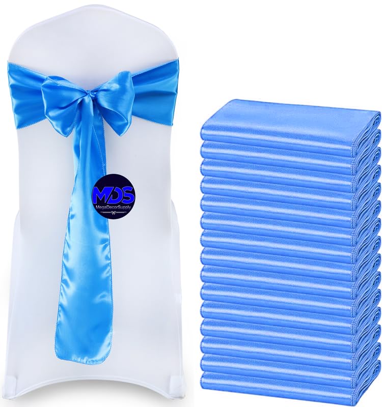 Mds Pack Of 200 Pcs Satin Chair Sashes Charmeuse Sateen Dining Chair Bows Ribbon Ties Back Sash For Wedding Party Birthday Home Hotel Restaurant Banquet Decoration (7 X 108 Inch, Blue)