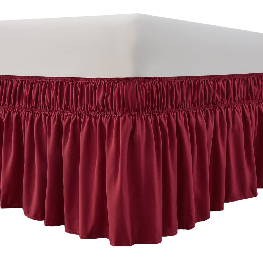 Meila Wrap Around Bed Skirt Three Fabric Sides Elastic Dust Ruffled 24 Inch Tailored Drop,Easy To Install Fade Resistant-Burgund