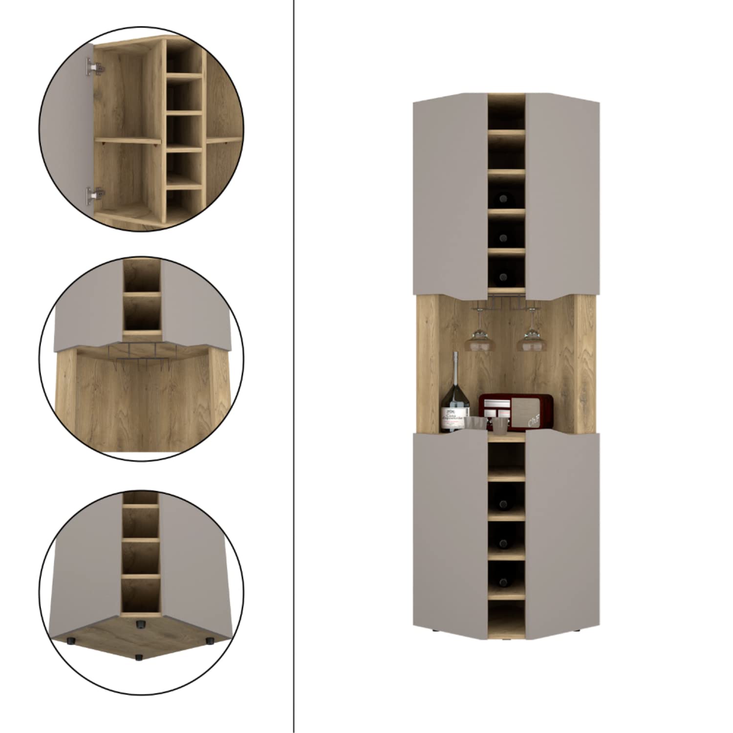 Mecca Corner Bar Cabinet With 4 Doors, 8 Shelves, 10 Cubbies, And Glass Rack, Macadamia/Taupe