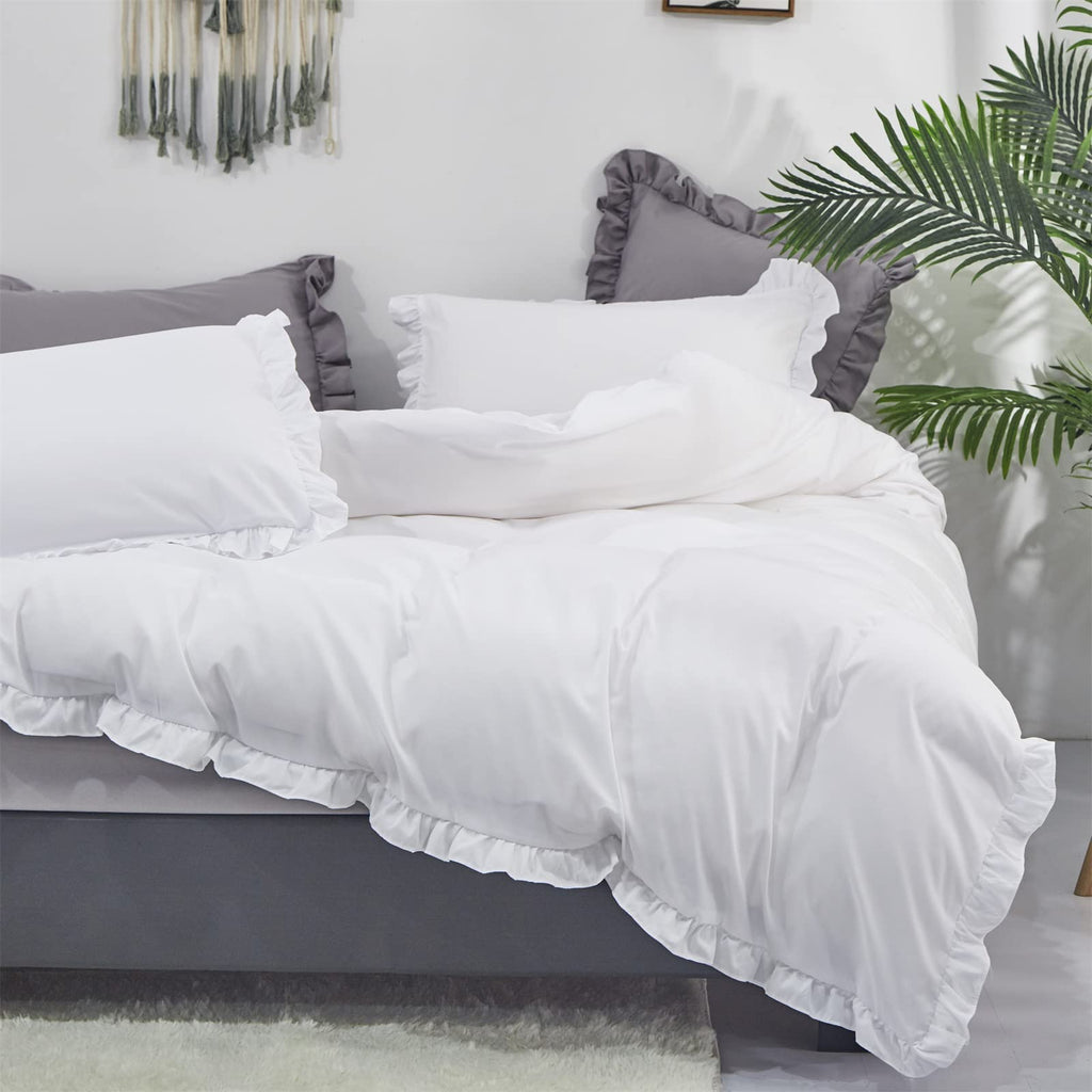 Luxlovery White Ruffle Comforter Set Full Farmhouse Boho Bedding Comforter Set Plain White Shabby Chic Solid Cotton Blanket Quil