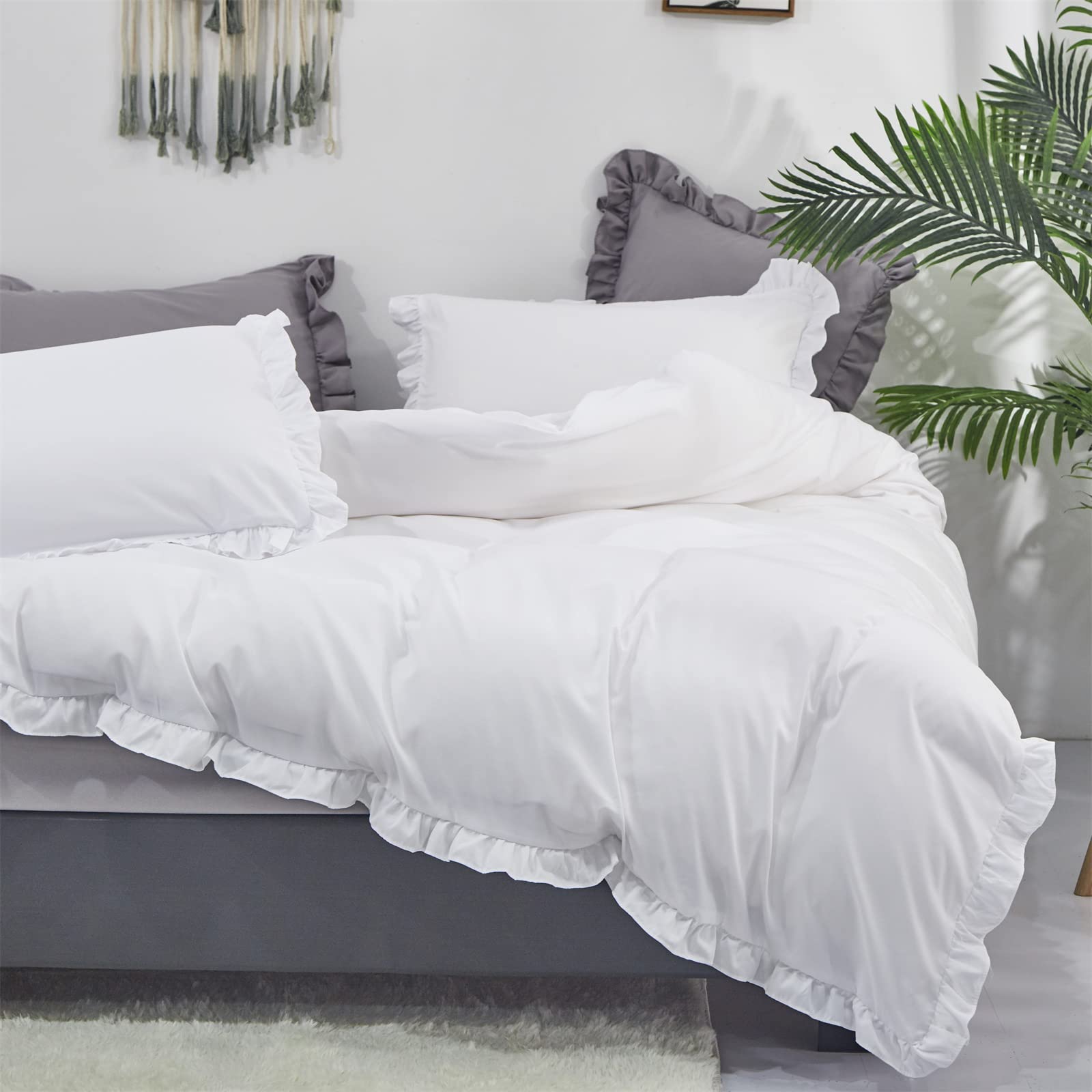 Luxlovery White Ruffle Comforter Set Full Farmhouse Boho Bedding Comforter Set Plain White Shabby Chic Solid Cotton Blanket Quil