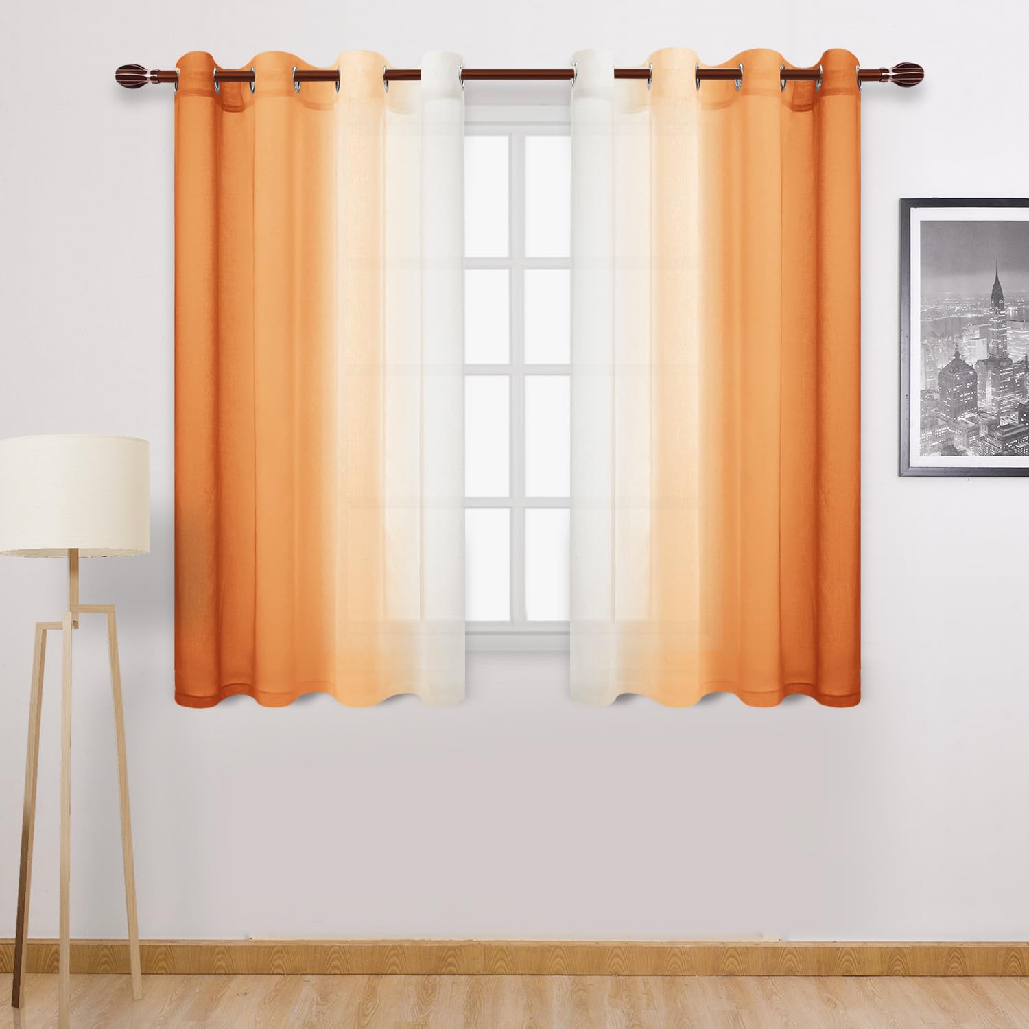 Dwcn Faux Linen Ombre Sheer Curtains - Autumn Short Curtains Gradient Semi Voile Curtains For Kitchen And Living Room, Set Of 2