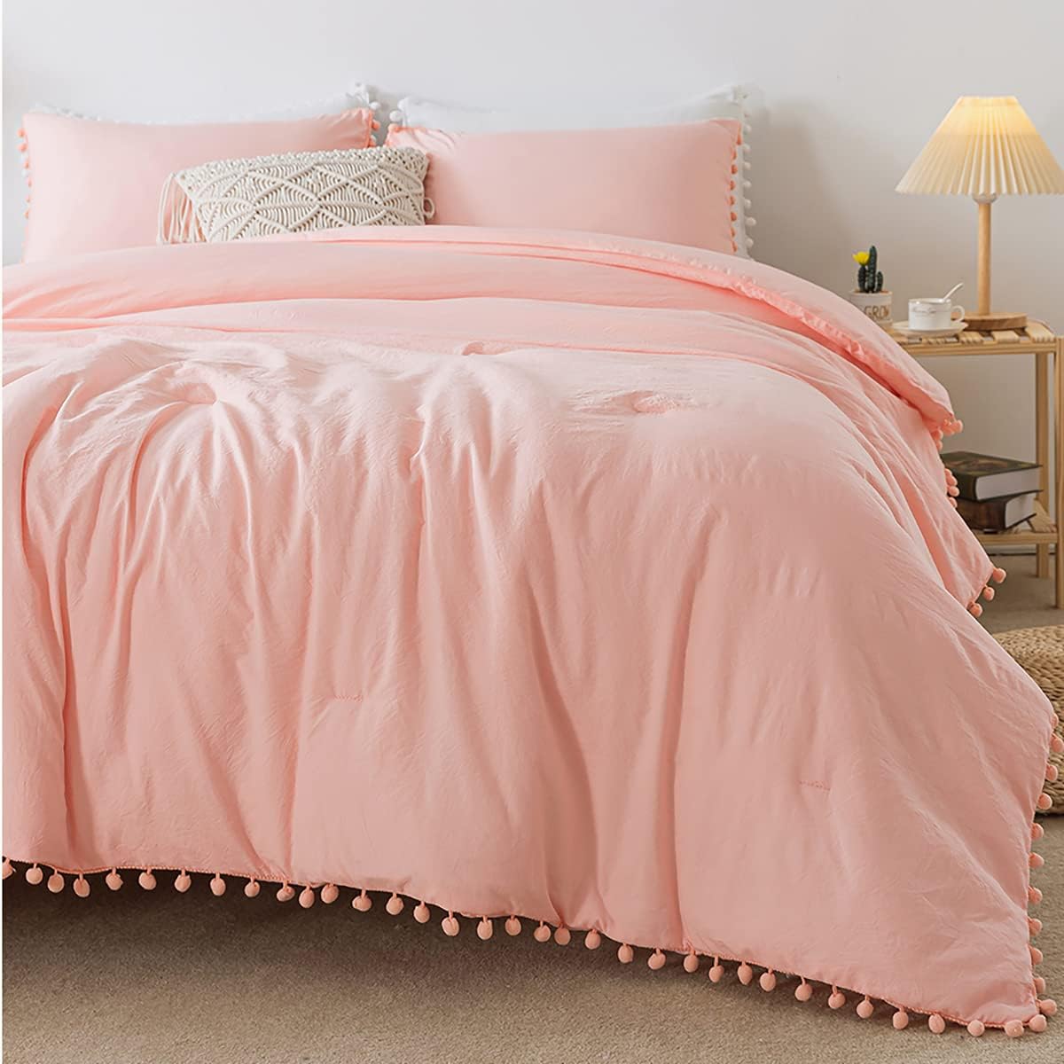 Tannicoor Peach Pink Boho Comforter Set Queen(90X90Inch),All Season 3-Piece(Pom Poms Fringe Comforter+2 Pillowcases),Soft Microf