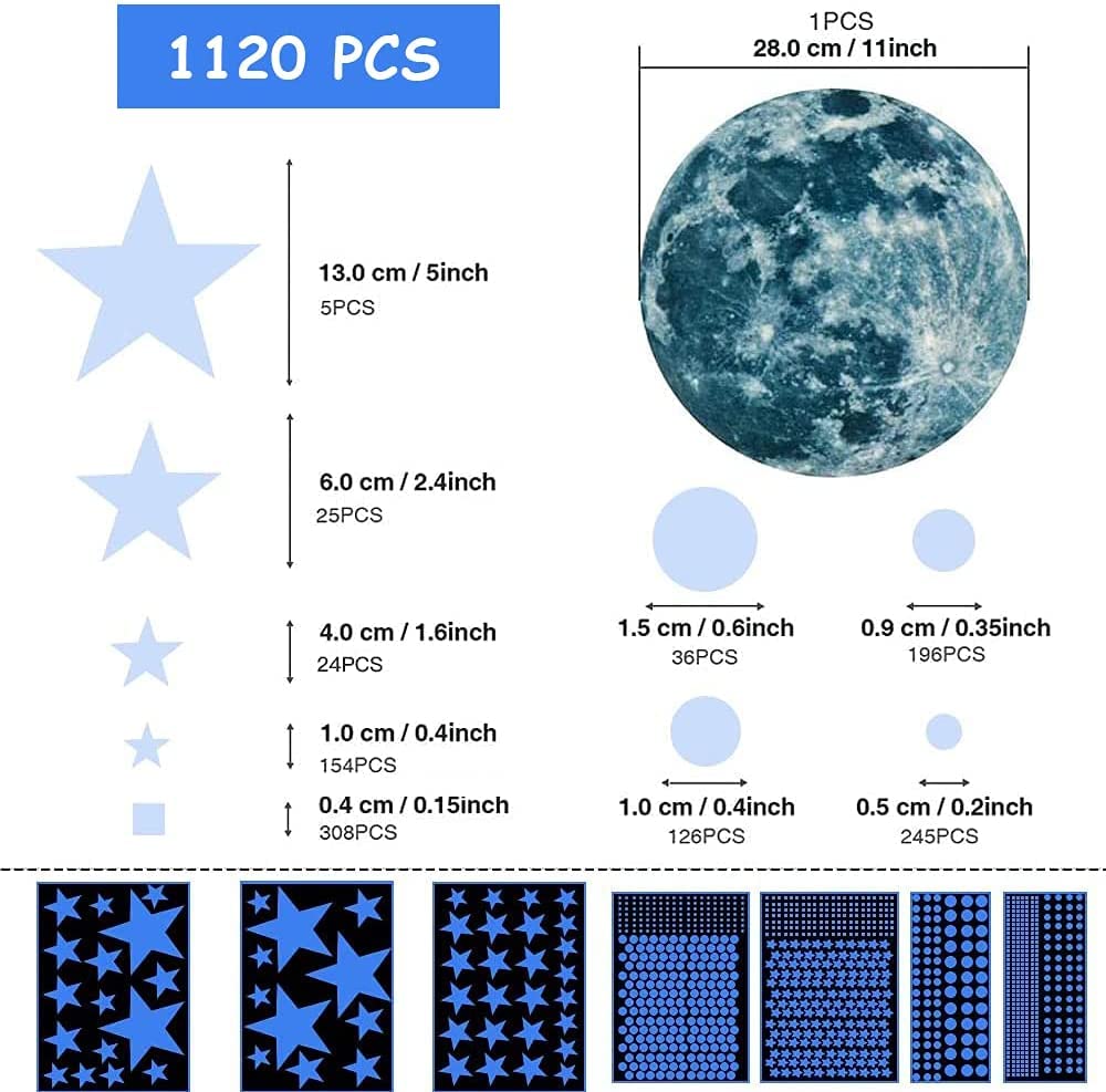 Glow In The Dark Stars For Ceiling, 1120Pcs Airsnigi Glow In The Dark Wall Decals Long-Lasting Glowing Star Wall Stickers Excell