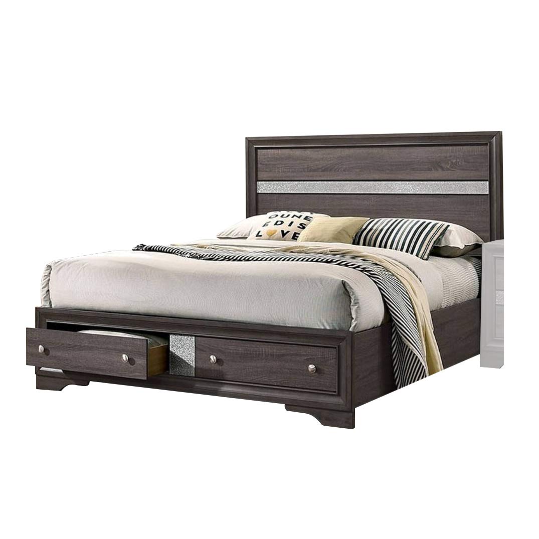 Benjara Panel Design Eastern King Bed With Silver Accents And Bracket Feet, Gray