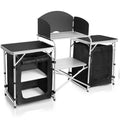 Campland Folding Cooking Table Outdoor Portable Cook Station Aluminum Camping Kitchen With Storage Organizer, Windscreen, Hooks For Bbq, Party (Black2Cabinet)