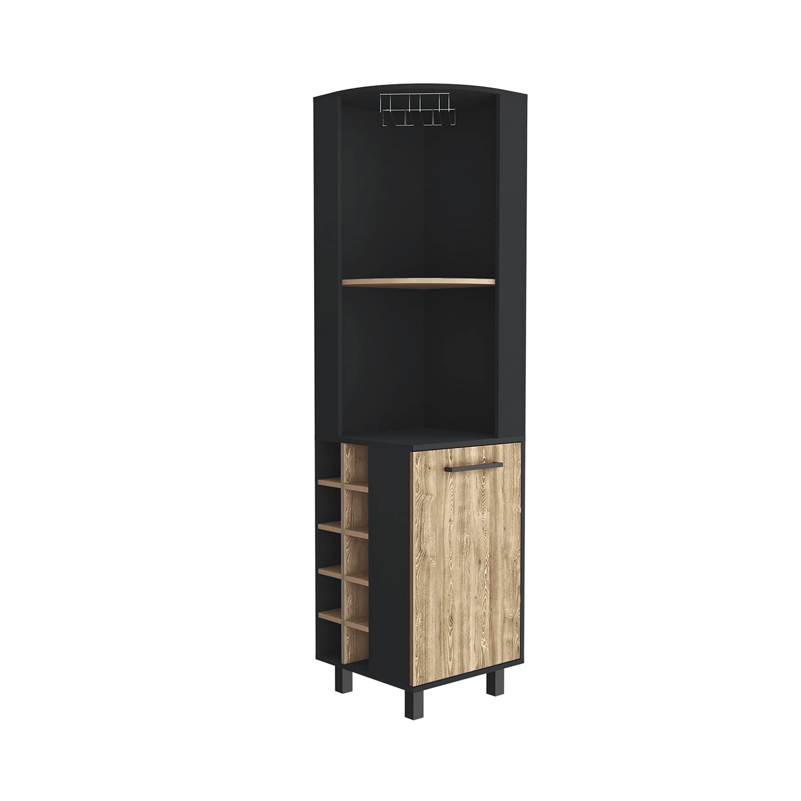Morocco Corner Bar Cabinet With 4 Shelves, 10 Wine Cubbies, Cabinet, And Glass Rack, Black/Pine