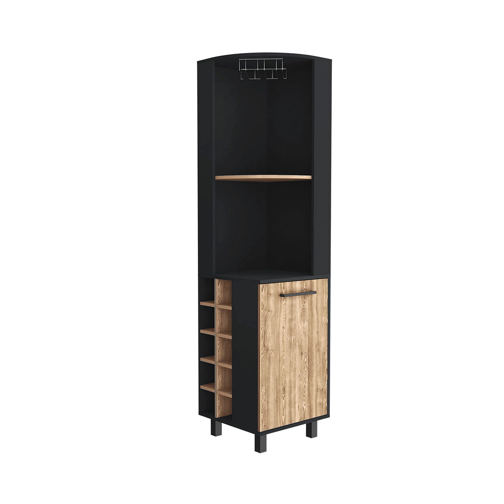 Morocco Corner Bar Cabinet With 4 Shelves, 10 Wine Cubbies, Cabinet, And Glass Rack, Black/Pine