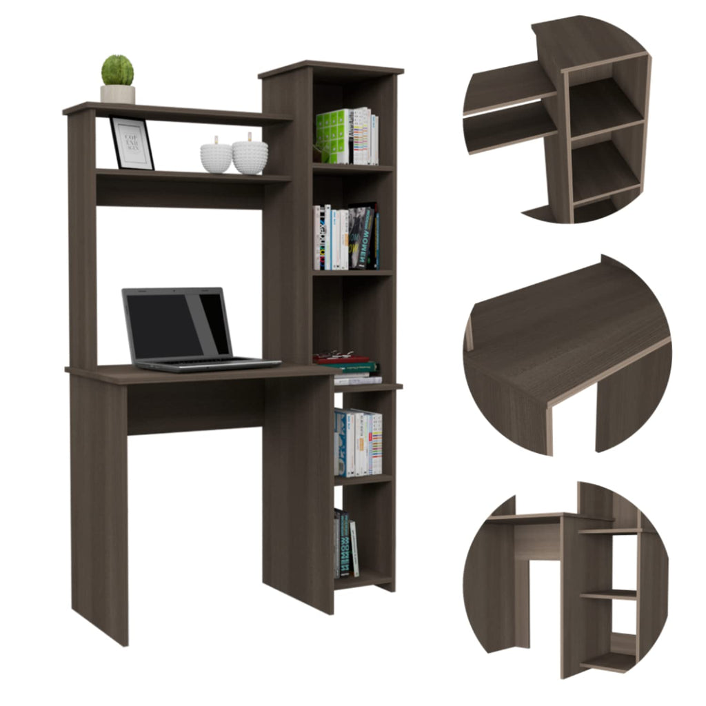 Aramis Ergonomically Designed Desk with Five Shelves, Two Superior Shelves - Smokey Oak