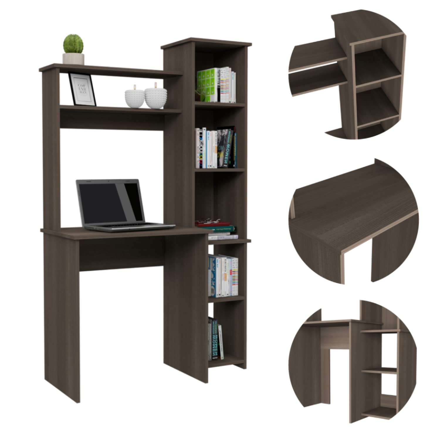 Aramis Ergonomically Designed Desk with Five Shelves, Two Superior Shelves - Smokey Oak