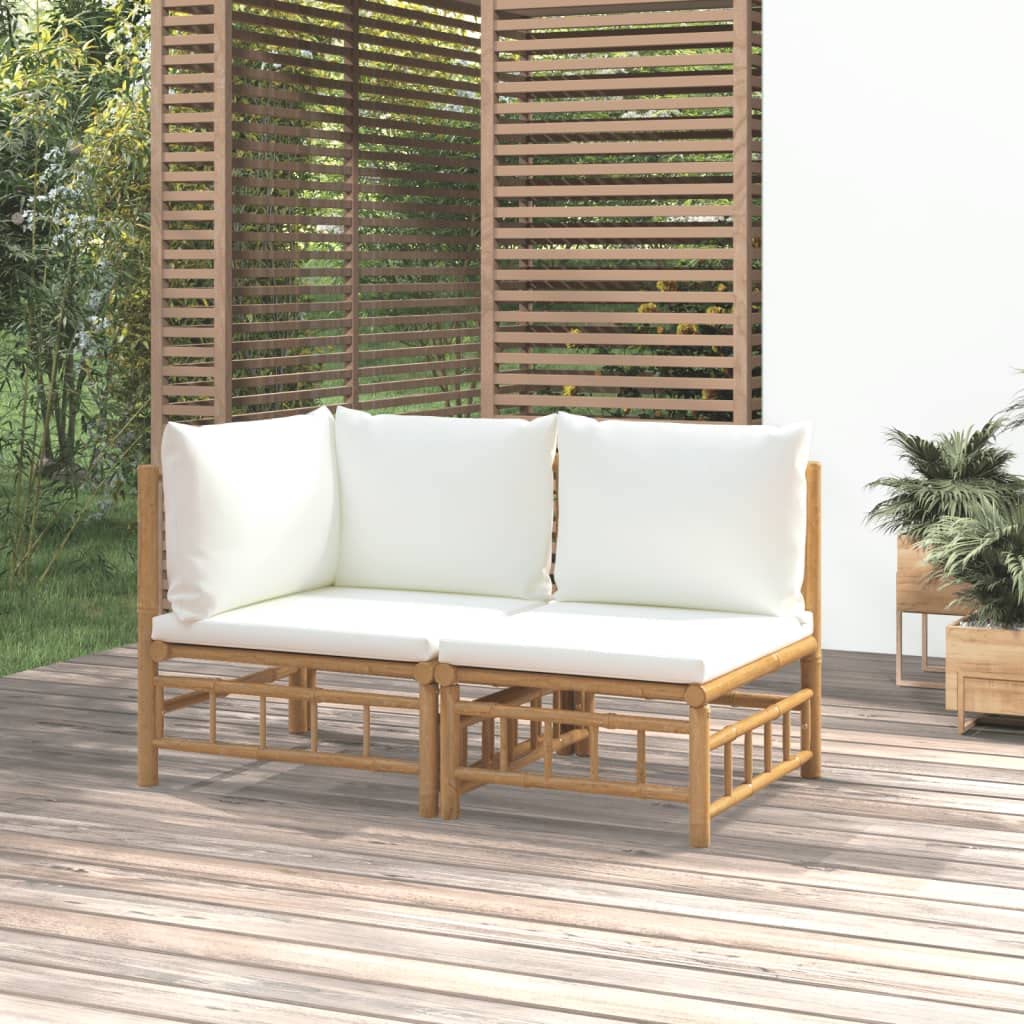 vidaXL Bamboo 2 Piece Patio Lounge Set with Cream White Cushions - Rustic Outdoor Furniture, Strong and Comfortable Seating Solution with Modular Design