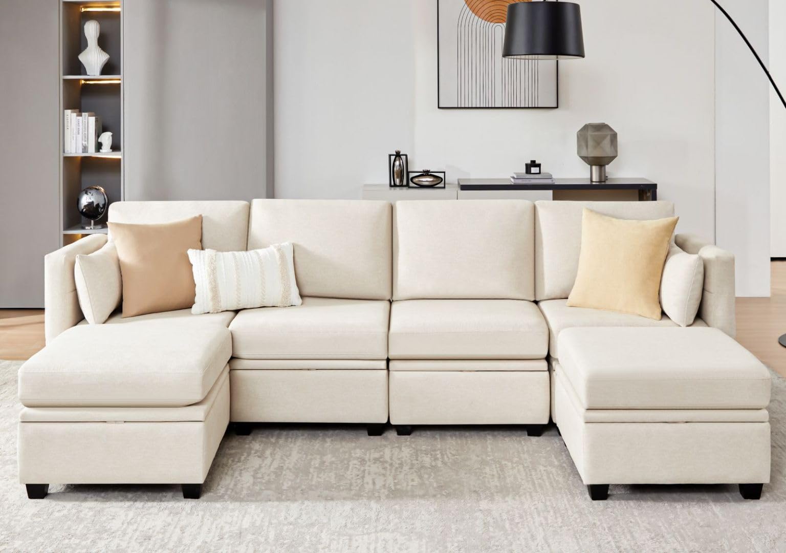 Weture Modular Sectional Sofa With Storage, U Shaped Sectional Couch For Living Room, Convertible Modular Sofa Couch With Ottomans, High Supportive & Soft Sponge, 6 Seat, Beige