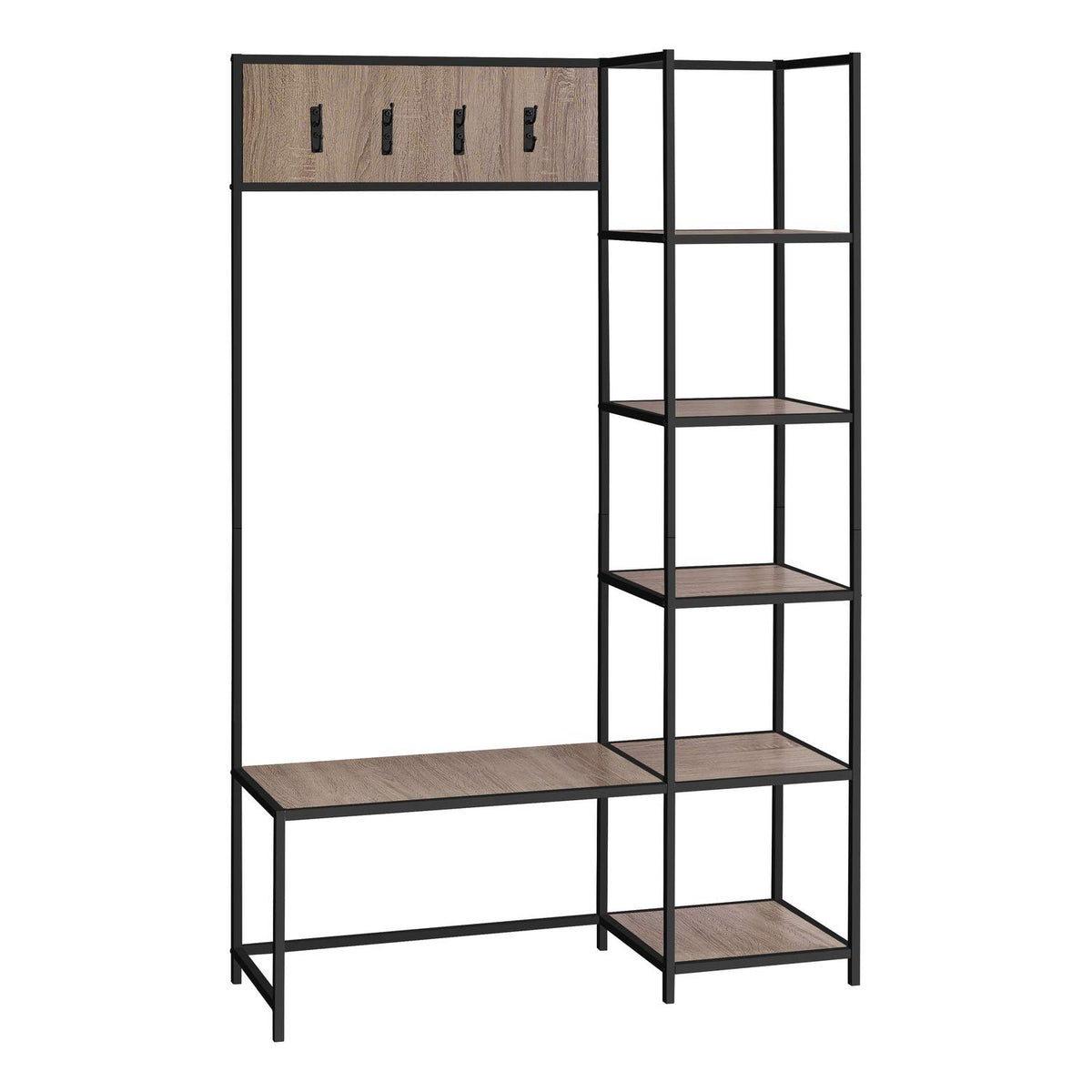 Monarch Specialties I 4511 Bench, Entryway, Hallway, Storage, Organizer, Coat Rack, Hall Tree, Metal, Laminate, Brown, Black, Contemporary, Modern