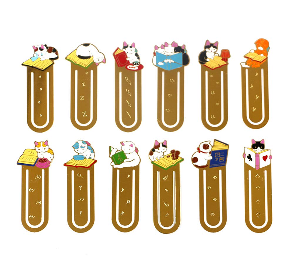 Starte 12Pcs Funny Cute Cat Theme Metal Bookmark For Cat Lovers Book Marker Lovely School Office Supplies For Kids