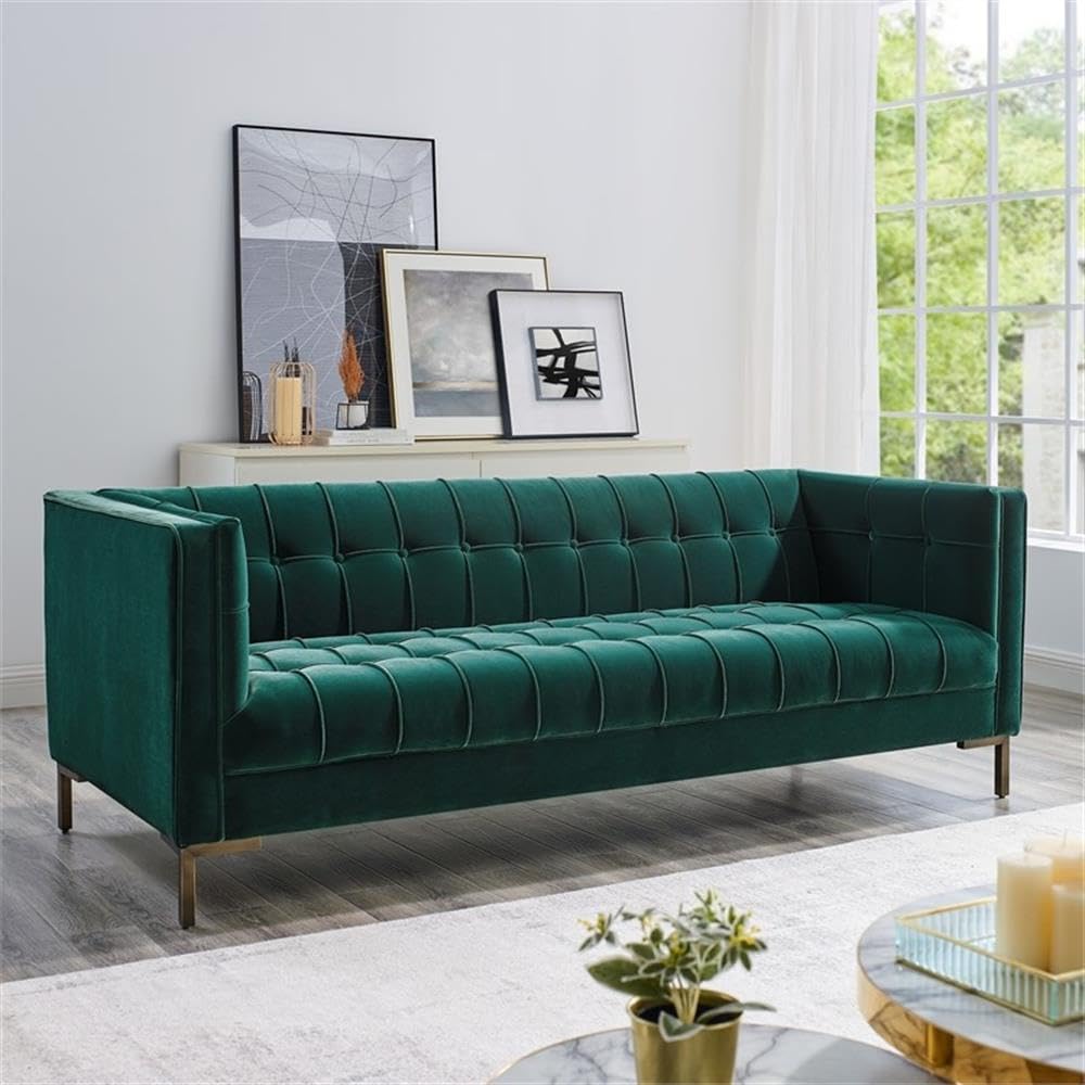 Addison Grace Home Dcor Steve Silver Furniture Isaac Green Velvet Luxe Mid Century Modern Design with Brass Legs and Channel Stitching Sofa
