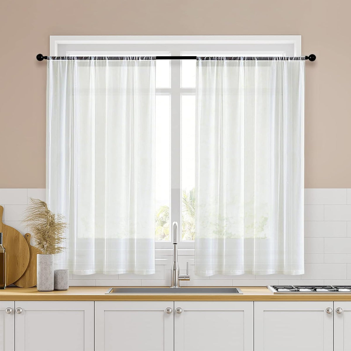Mrtrees 2 Panels Off White Kitchen Tier Curtain Sheers Light Filtering Solid Voile Drapes, Short Half Window Treatments For Base
