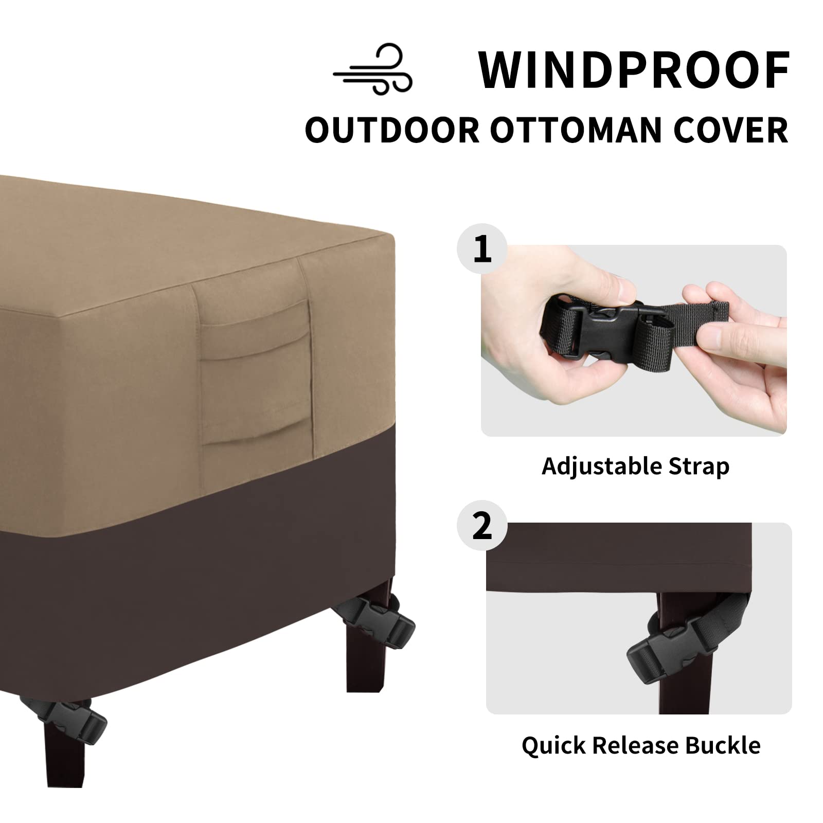 Easy-Going Outdoor Ottoman Cover, Waterproof Patio Ottoman Cover, Heavy Duty Outdoor Furniture Cover With Padded Handles (34'X24'X17', Camel/ Dark Brown)
