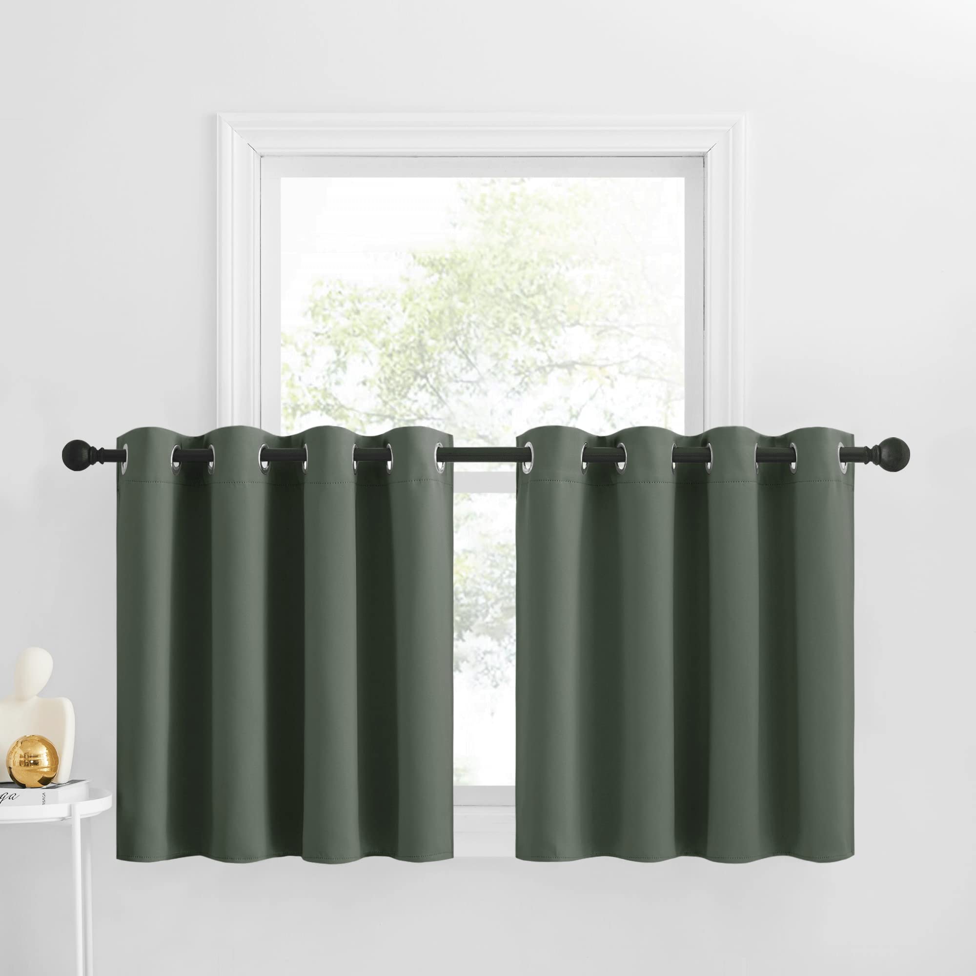 Nicetown Window Tiers Valance Curtains For Kitchen Blackout Thermal Insulated Solid Grommet Short Window Curtain For Living Room/Bedroom, Dark Mallard, 52 X 30 Inches, 2 Panels