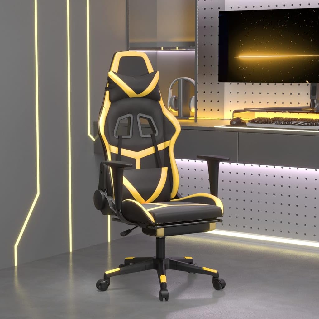 vidaXL Gaming Chair with Adjustable Seat and Backrest, Faux Leather Construction, Footrest Included, Elegant Black and Gold.