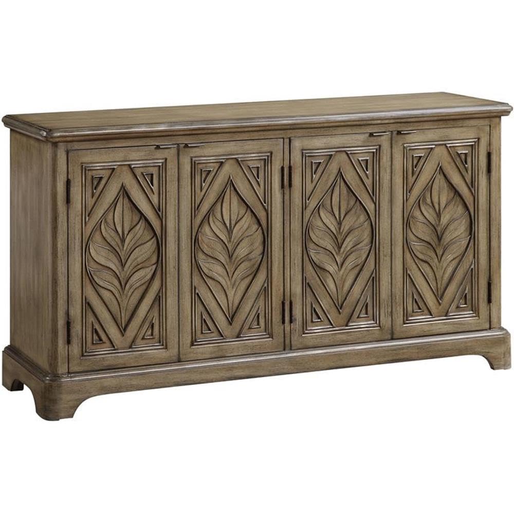 Acme Orana Wooden Engraved Leaf Design Console Table with 4 Doors in Oak