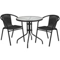 Flash Furniture Lila 28'' Round Glass Metal Table With Black Rattan Edging And 2 Black Rattan Stack Chairs