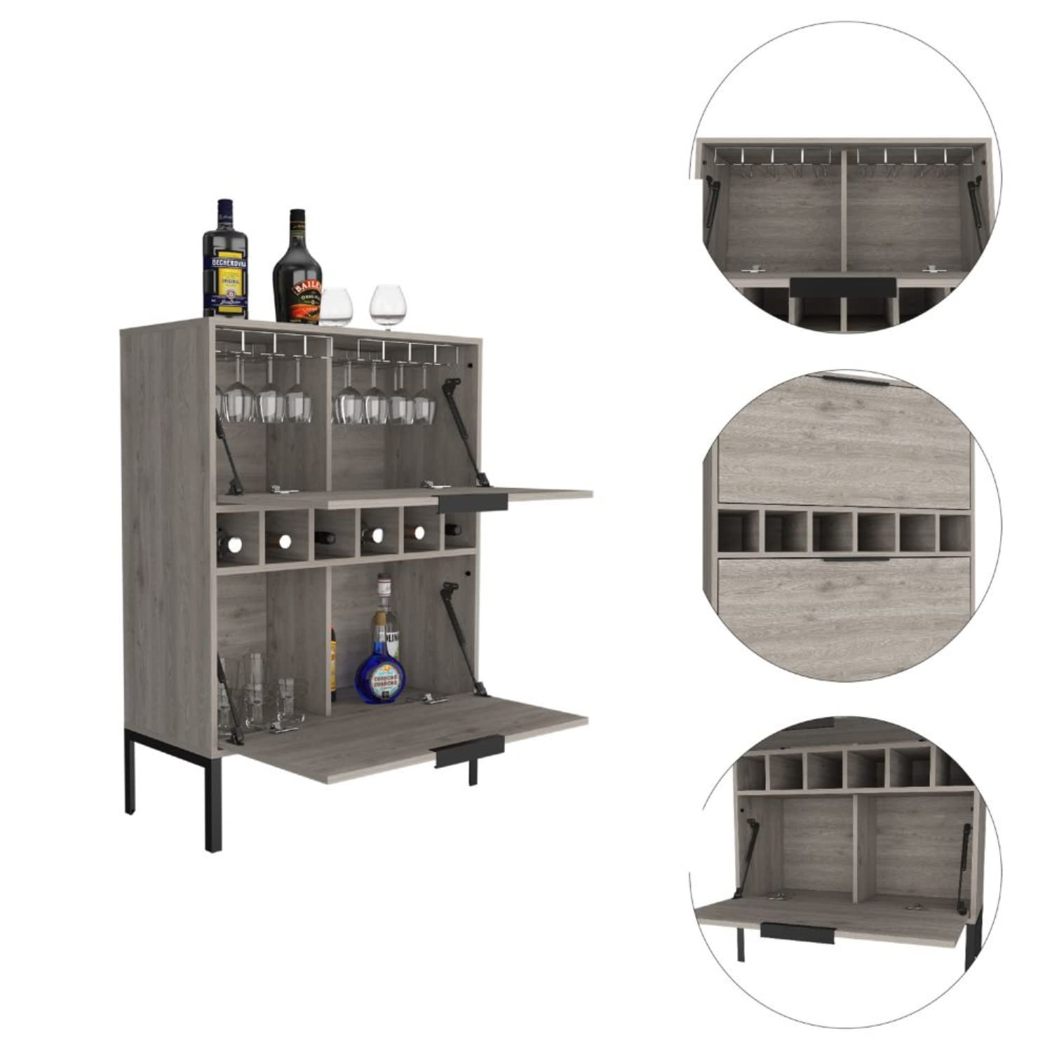 bar-coffee 43&quot;&quot; H, with metal legs, Kitchen or living cabinet with 1 upper swing door drawer, 2 cup holders inside, 1 central shelf, and 1 lower divided drawer, ligh gray