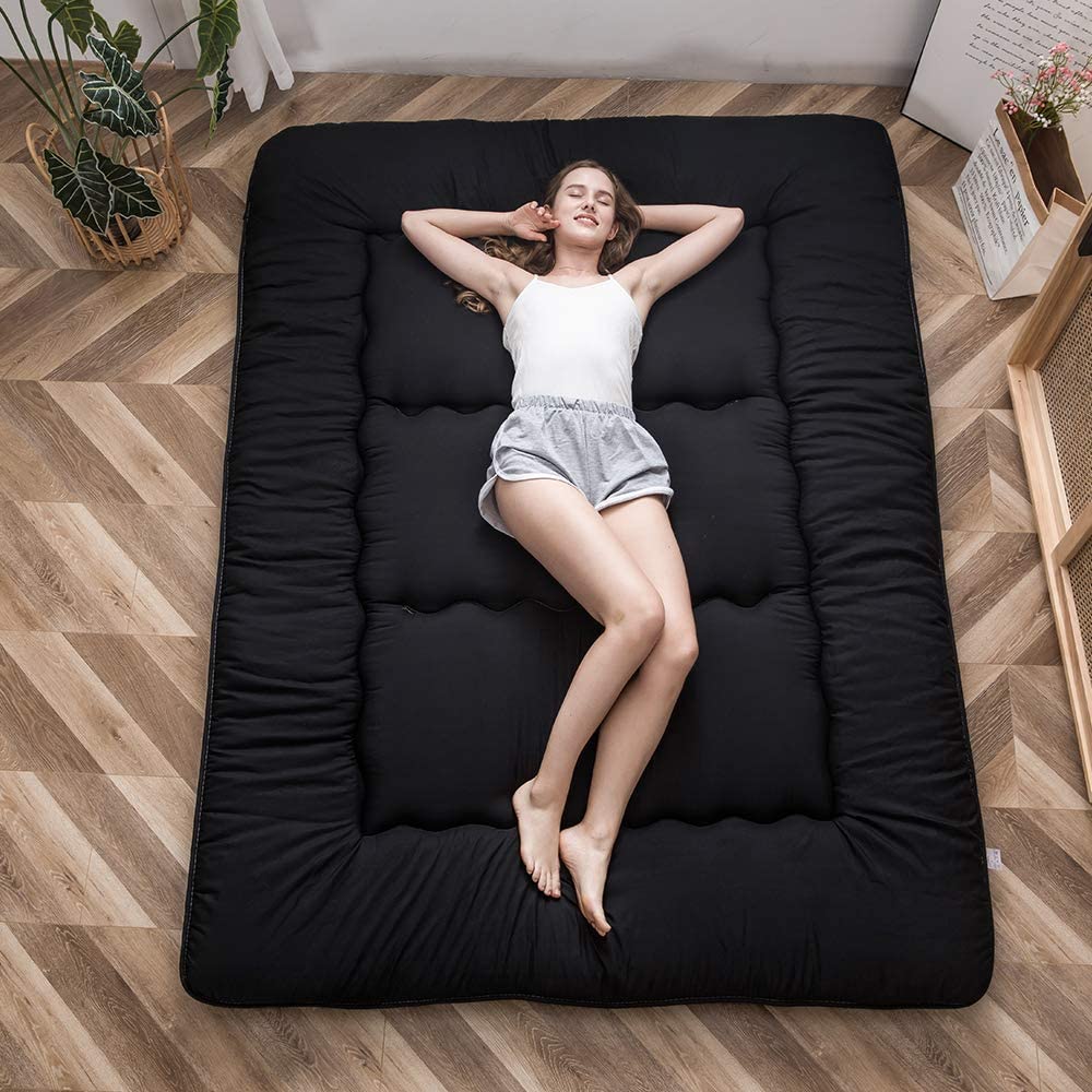 Maxyoyo Japanese Floor Mattress Futon Mattress, Thicken Tatami Mat Sleeping Pad Foldable Roll Up Mattress Boys Girls Dormitory Mattress Pad Kids Floor Lounger Pillow Bed, Navy, Queen