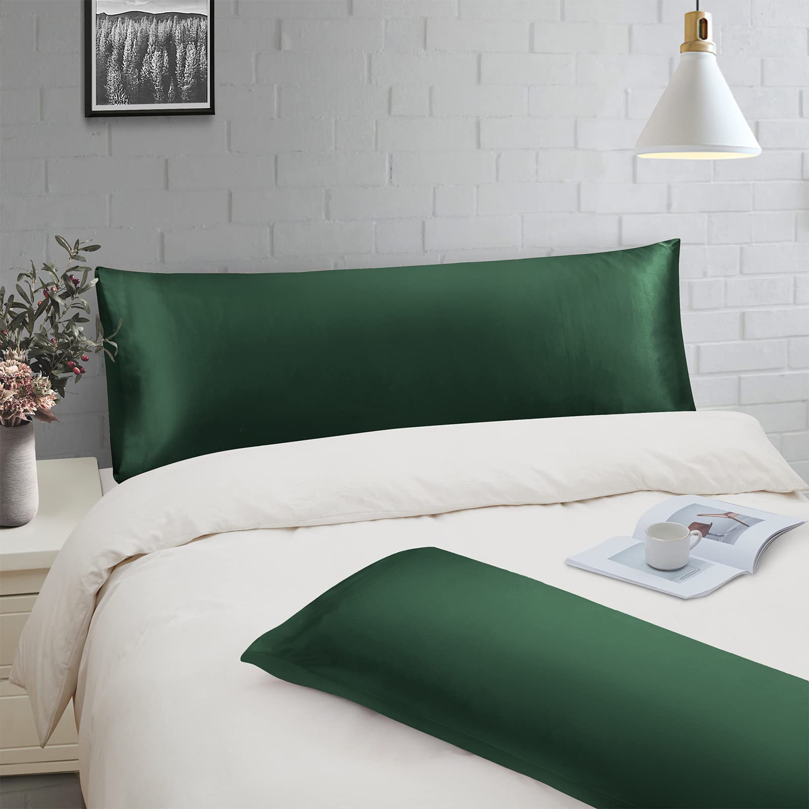 Ersmak Satin Body Pillow Set Of 2, 20X54 Inches, Dark Green, Ultra Soft, Stain Resistant, Polyester Satin Fabric, 2 Pack