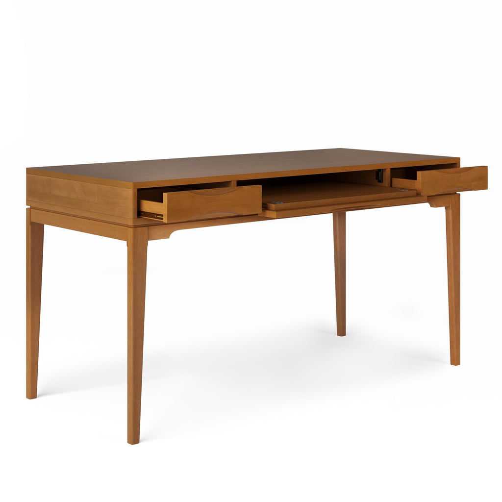 SIMPLIHOME Harper SOLID WOOD Mid Century Modern 60 inch Wide Home Office Desk, Writing Table, Workstation, Study Table Furniture in Light Golden Brown with 2 Drawers