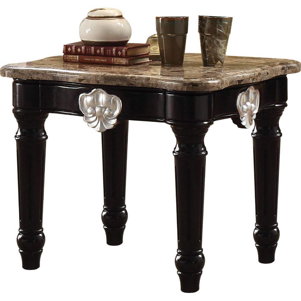 Acme Ernestine Marble Top End Table with Carved in Black