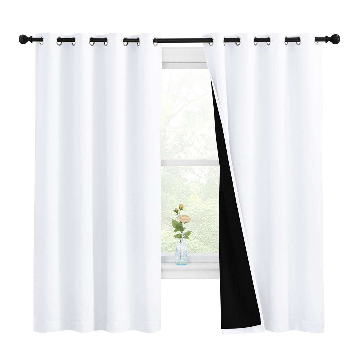 Nicetown White 100% Blackout Lined Curtains, 2 Thick Layers Completely Blackout Window Treatment Thermal Insulated Drapes For Ki