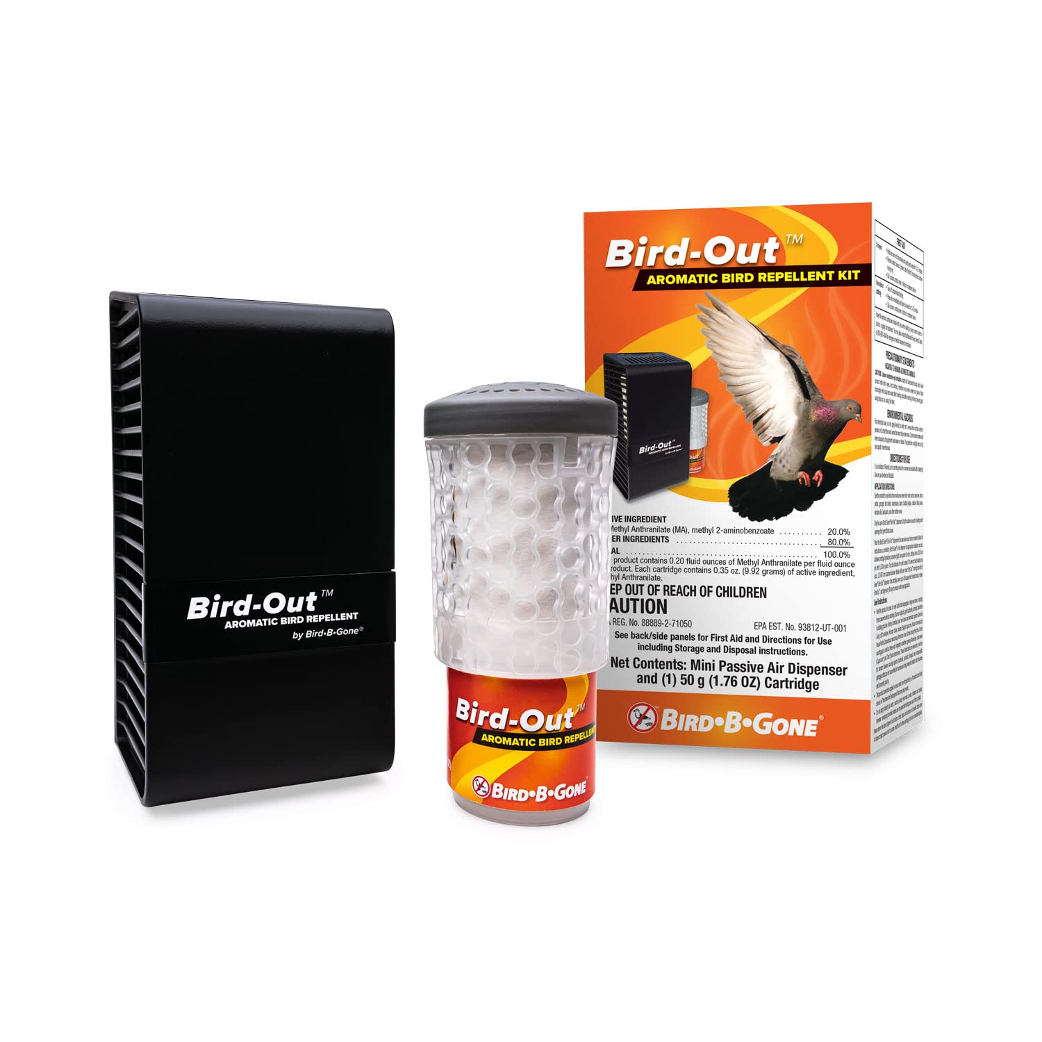 Bird B Gone - Bird-Out Aromatic Bird Repellent Kit - Dispenser & Cartridge - Humane Bird Deterrent Covers 8,000 Cu Ft (20'X20'X2