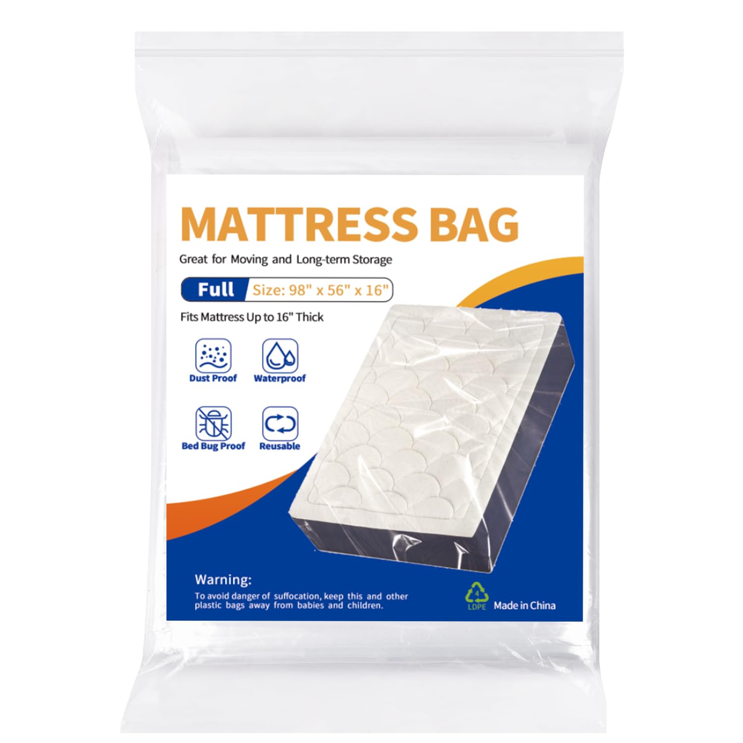 Mattress Bag For Moving Storage - Plastic Waterproof Mattress Protector Cover,Heavy-Duty Mattress Moving Supplies (1, Full)